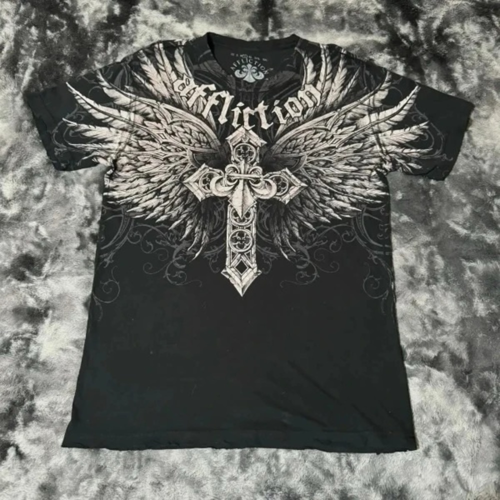Affliction Black and Gray Short Sleeve Tee with Eagle Design